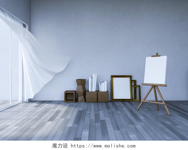 3ds 呈现图像客厅里三脚架被海上风吹的白色面料窗帘